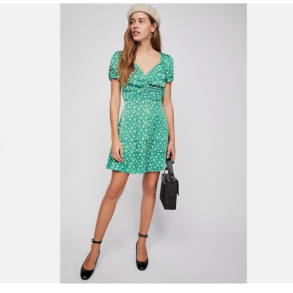Free People Bond Street Ruched Front Floral Mini Dress with Side Zipper Size 10